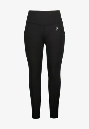 Sorte leggings med høj talje, der har sidelommer og et logoaccent. Fremstillet af strækbart stof med en glat tekstur.