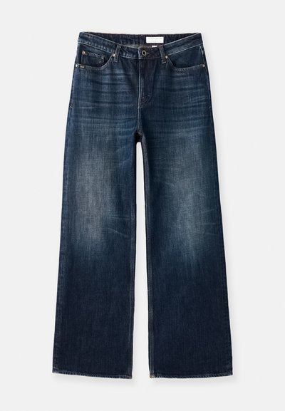 Široke jeans hlače iz temno modrega jeansa. Imajo blago zbledel videz, pet žepov in gumbasto zapiranje na pasu.