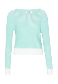 Pulover bleu deschis cu dungi, mâneci lungi și tiv alb. Prezintă un decolteu larg și un finisaj texturat, creând un contrast vizual.