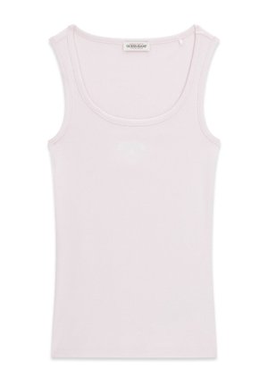 Canottiera senza maniche rosa chiaro a coste con scollo a U e etichetta Guess Jeans sul retro del colletto interno.