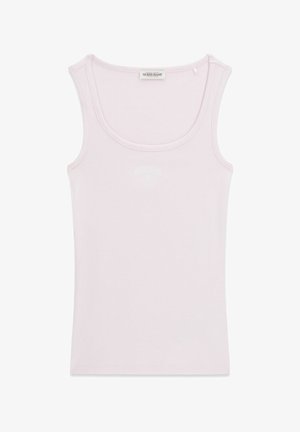 Hele roosa soonikuga varrukateta tanktop, ümar kaelus ja Guess Jeanse silt kaeluse tagaküljel sees.