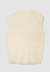 Ärmelloser Strickpullover in Beige mit rundem Ausschnitt, geripptem Saum und glatter Textur. Keine sichtbaren Muster oder Hardware-Details.