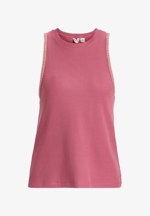 Różowy prążkowany top na ramiączkach z okrągłym dekoltem i kontrastowym wykończeniem na ramionach. Wykonany z lekkiego materiału.