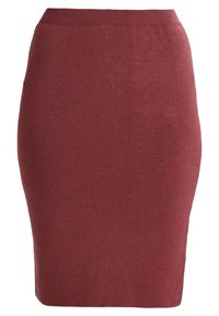 Gonna a matita in maglia di colore bordeaux con fascia elastica alta in vita. Tessuto liscio e silhouette aderente, che arriva fino al ginocchio.