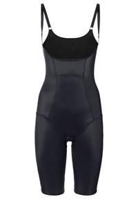 Body nero con spalline, realizzato in tessuto morbido. Presenta un design aderente e gambe in stile pantaloncini. Dettagli minimi.