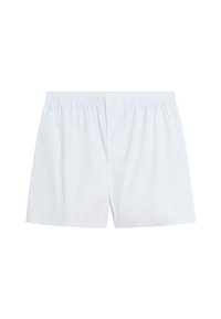 Boxer in cotone azzurro chiaro con un delicato motivo a righe, vita elasticizzata e due bottoni frontali. Tessuto morbido, lunghezza fino a metà coscia.