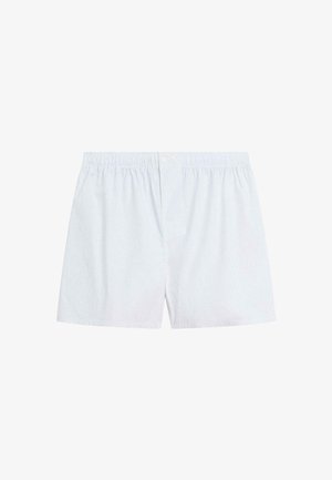 Světle modré bavlněné boxerky s jemným proužkovaným vzorem, elastickým pasem a dvěma předními knoflíky. Měkká textura, délka do poloviny stehna.