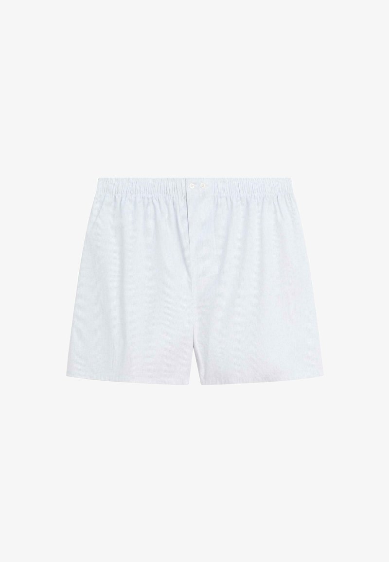 Hellblaue Baumwollboxershorts mit einem dezenten Streifenmuster, elastischem Bund und zwei vorderen Knöpfen. Weiche Textur, mittlere Oberschenkellänge.