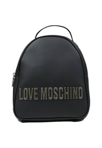 Zaino in finta pelle nera dalla forma arrotondata, con logo argentato "LOVE MOSCHINO" sul fronte e una maniglia superiore per il trasporto.
