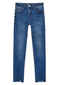 Vaqueros ajustados de mezclilla en azul, con un acabado desgastado, diseño de cinco bolsillos y un dobladillo sin rematar en los tobillos.