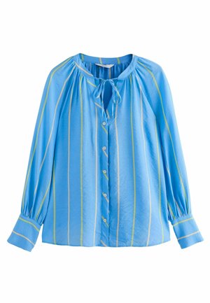 Modrá blúzka s dlhými rukávmi a button-up zapínaním, so vertikálnymi prúžkami v svetlozelenej a bielej farbe. Jemná, hladká tkanina s viazaným výstrihom.