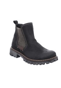Bota negra de cuero hasta el tobillo con un panel elástico de fieltro gris texturizado. Cuenta con una suela de goma resistente con tacos y costuras blancas contrastantes.
