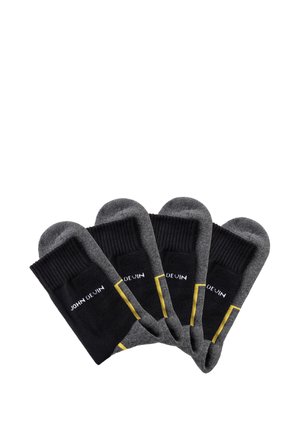 Schwarze und graue Socken mit geripptem Bund, gelben Akzenten und dem Schriftzug "JOHN DEWIN". Enthält vier Paar, gefertigt aus einem weichen, dehnbaren Stoff.