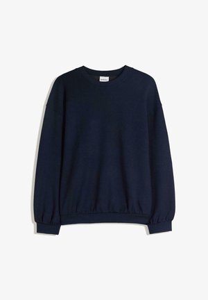 Temno modra pulover iz mehke tkanine z okroglim izrezom, dolgimi rokavi z nabranimi manšetami in rahlo zoženim spodnjim robom.