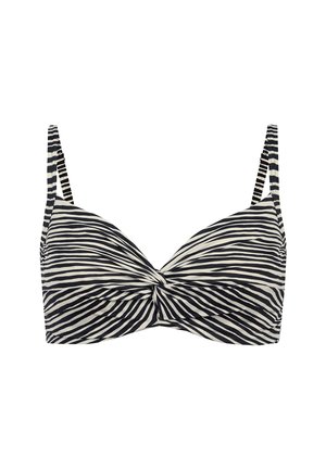 Czarnobiały bikini top w paski z wiązaniem z przodu oraz regulowanymi ramiączkami na białym tle.