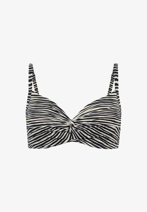 Czarnobiały bikini top w paski z wiązaniem z przodu oraz regulowanymi ramiączkami na białym tle.