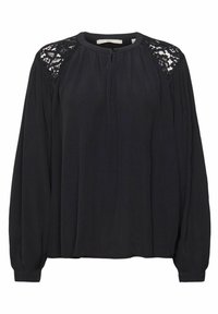 Sort bluse med lange ærmer, prydet med blonder detaljer på skuldrene, plisseret design og en knaplukning i nakken. Blødt stof.