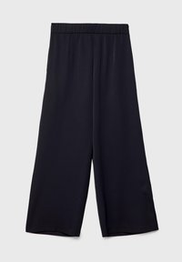Zwarte broek met wijde pijpen van soepel materiaal, voorzien van een elastische tailleband, cropped lengte en zonder zichtbare patronen of accenten.