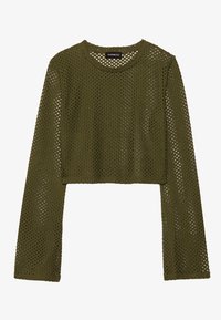 Olivgrön, kortärmad långärmad topp i meshtyg med ett löst stickat mönster, med rund halsringning och sjunkande axeldesign.