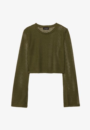 Ελιά πράσινο, κοντό μακρύ μανίκι τοπ από πλέγμα με χαλαρό πλέγμα, διαθέτει στρογγυλή λαιμόκοψη και σχέδιο που πέφτει στους ώμους.