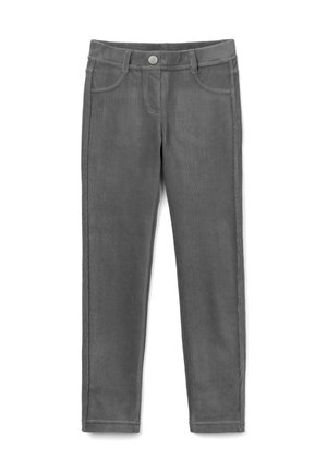 Pantalones grises de corte recto hechos de tela de algodón suave. Cuentan con cierre de botones, trabillas para cinturón y diseño de cinco bolsillos con costuras discretas.