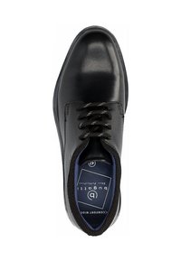 Chaussure habillée homme en cuir noir à lacets, bout rond et intérieur matelassé, taille 42 vue de dessus.