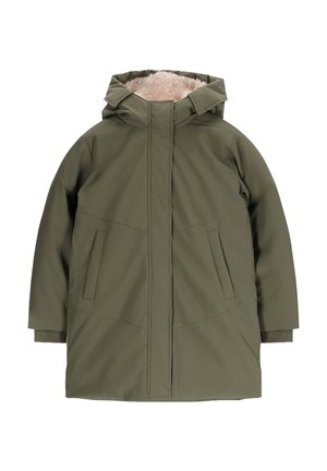 Parka vert olive avec capuche, dotée d'une doublure en polaire crème douce, de poches latérales et d'une coupe droite.