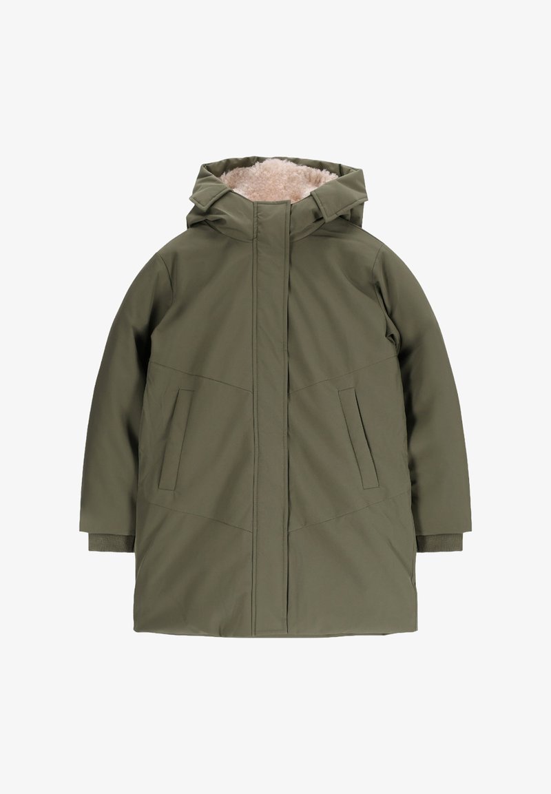 Parka vert olive avec capuche, dotée d'une doublure en polaire crème douce, de poches latérales et d'une coupe droite.