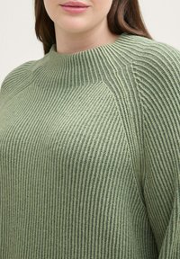 Grüner gerippter Strickpullover mit hohem Kragen und Raglanärmeln, ausgestattet mit einer strukturierten Oberfläche und weichem Stoff.