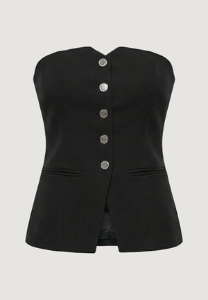 Haut style corset noir sans bretelles avec cinq boutons argentés centrés et deux poches horizontales fendues sur les hanches avant.