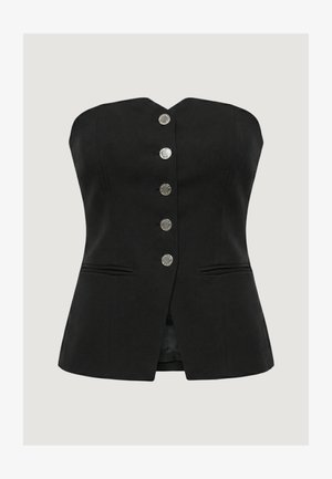 Haut style corset noir sans bretelles avec cinq boutons argentés centrés et deux poches horizontales fendues sur les hanches avant.