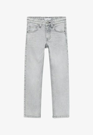 Jeans en denim gris clair avec bouton à l'avant, passants de ceinture et design à cinq poches, posé à plat sur un fond blanc.
