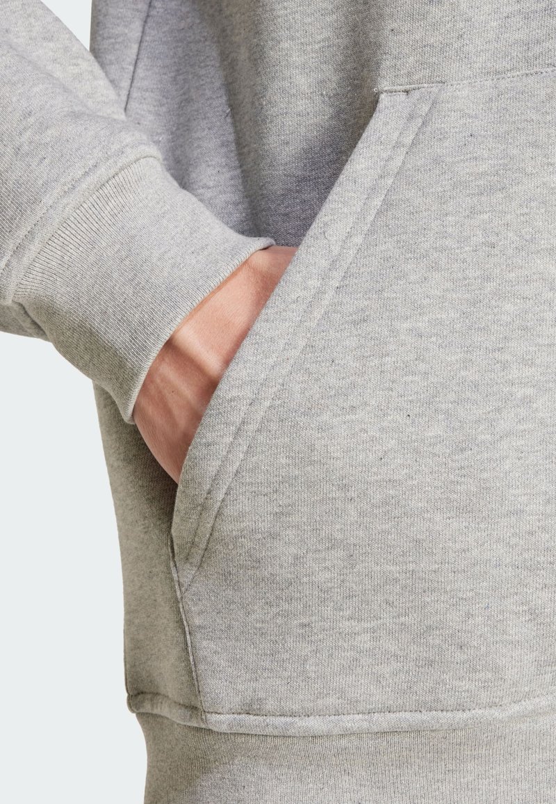 Sudadera gris de algodón con puños de canalé. Presenta un bolsillo tipo canguro en el frente, mostrando una textura suave y un corte relajado.