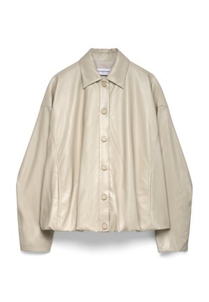 Beige leather jacket with a collared neck, button front, loose fit, and textured surface. Features a smooth finish and dropped shoulders.