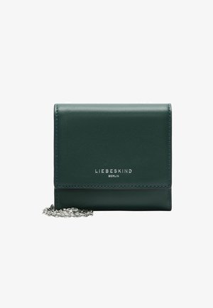 Green leather wallet with a textured finish, silver hardware, and chain strap. Features a flap closure and embossed brand logo on the front.