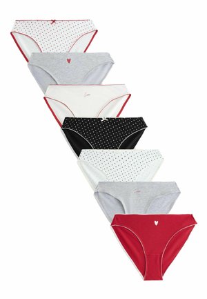 Seven women's bikini briefs in red, gray, white, and black with heart patterns and "Love" text, arranged diagonally on a white background.