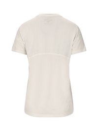 Lys beige kortærmet t-shirt med mesh bagpanel, glat tekstur og minimalistisk design med rund halsudskæring.