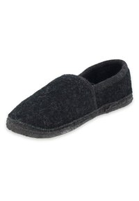 Zwarte viltpantoffel met een ronde neuspunt en een zachte textuur. Instapmodel met een solide zwarte zool en minimale stiksels.