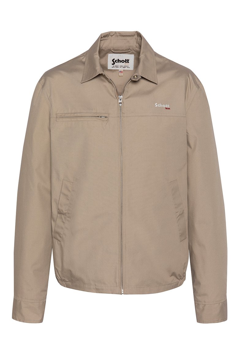 Giacca leggera beige con zip frontale, colletto classico, due tasche laterali e un piccolo logo sul petto. Tessuto dalla texture liscia.