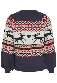 Mörkblå stickad tröja med ett mönster av renar och hjärtan, med vågig och diamantformade motiv i röda, svarta och beige accenter. Överdimensionerade ärmar.