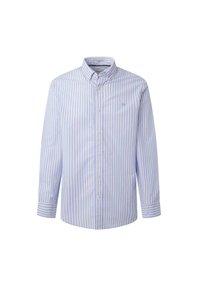 Camisa de botones con rayas verticales en azul claro y blanco, de mangas largas, con cuello estándar y un pequeño logo bordado en el pecho.