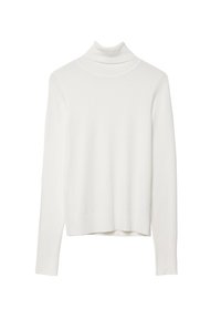 Suéter blanco de cuello alto con textura acanalada, que presenta mangas largas y un diseño ajustado. El dobladillo es ligeramente corto a la altura de la cintura.