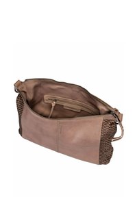 Borsa in pelle marrone con lato in rete testurizzata, chiusura con zip e due tasche interne. Finitura morbida, forma rettangolare e dettagli in metallo color argento.