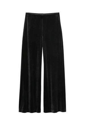 Zwarte, wijde broekspijpen gemaakt van zachte, gestructureerde stof. Voorzien van een hoge tailleband en een gladde afwerking zonder zichtbare sluitingen of patronen.