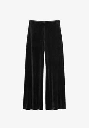 Sorte, vidde bukser lavet af blødt, tekstureret stof. Har en høj talje og en glat finish uden synlige lukninger eller mønstre.