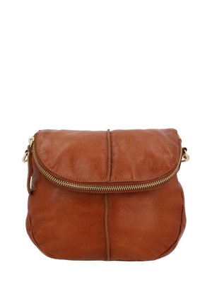 Pruun nahast risti üle õla kandmiseks mõeldud kott, ümarate klapiga, keskse õmblusega ja kuldse tõmblukuga suletav lihtsal valgel taustal.