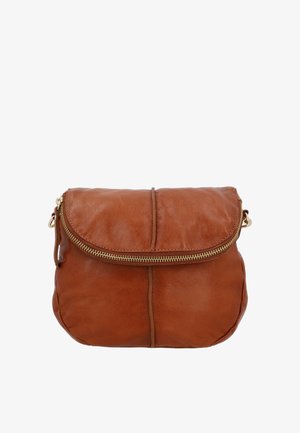 Rjava usnjena torbica čez ramo z zaobljenim pokrovom, osrednjim šivom in zlato zadrgo na enobarvni beli podlagi.