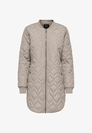 Svetlo bež prešita dolga bomber jakna z zadrgo spredaj, žepki s pritiskači, rebrastimi manšetami in ovratnikom, zasnovana za ženske.