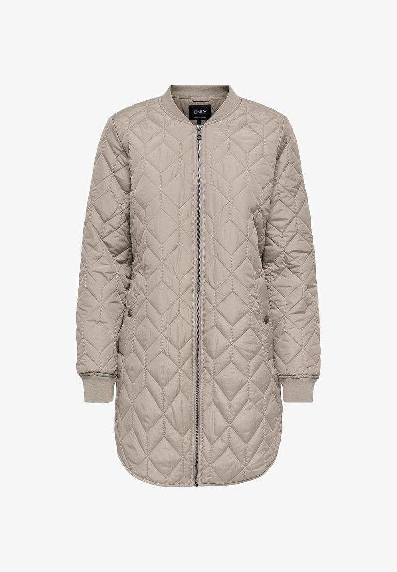 Gaismas bēša ilga bomber stila jaka ar rāvējslēdzēju priekšpusē, spiedpogas kabatām, ribotiem aprocēm un apkakli, paredzēta sievietēm.