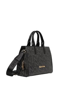 Borsa nera con motivo del logo lineare, materiale in pelle, doppi manici, tracolla removibile e accessori in metallo color oro.